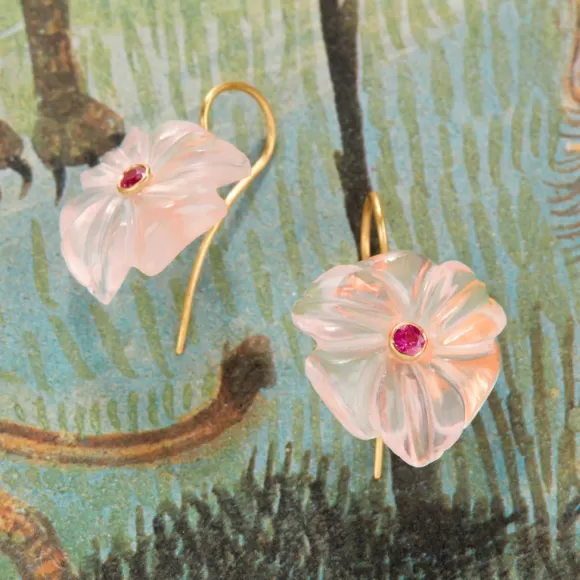 Hand-Carved Floral Drop Earrings - Rose Quartz And Pink Tourmaline<Gem Palace Fashion